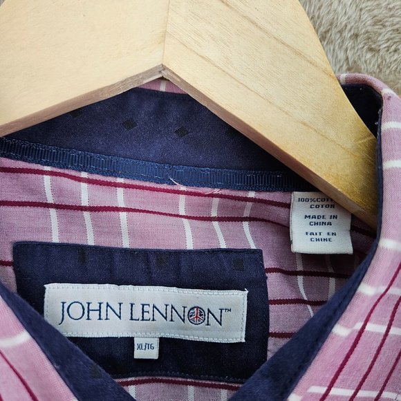 John Lennon Button-Down Oxford Shirt Pink Plaid Embroidered Long Sleeve Men's XL - Picture 7 of 11